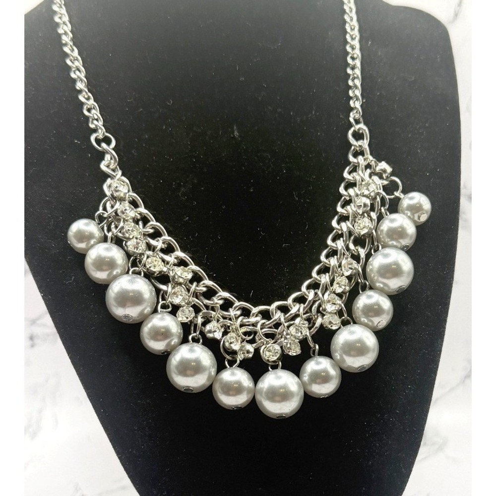 Silver Gray Pearl Statement‎ Necklace Rhinestone Chunky 16-19" -VIDEO